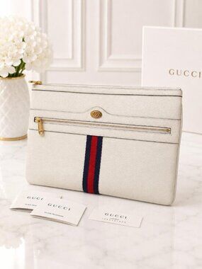 Gucci Ophidia White Leather Zip Clutch Pouch